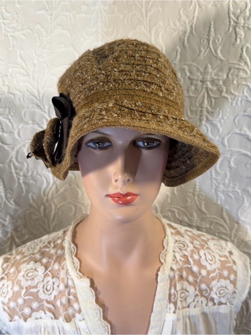betmar Textured Brown Cloche Hat with Flower Detail